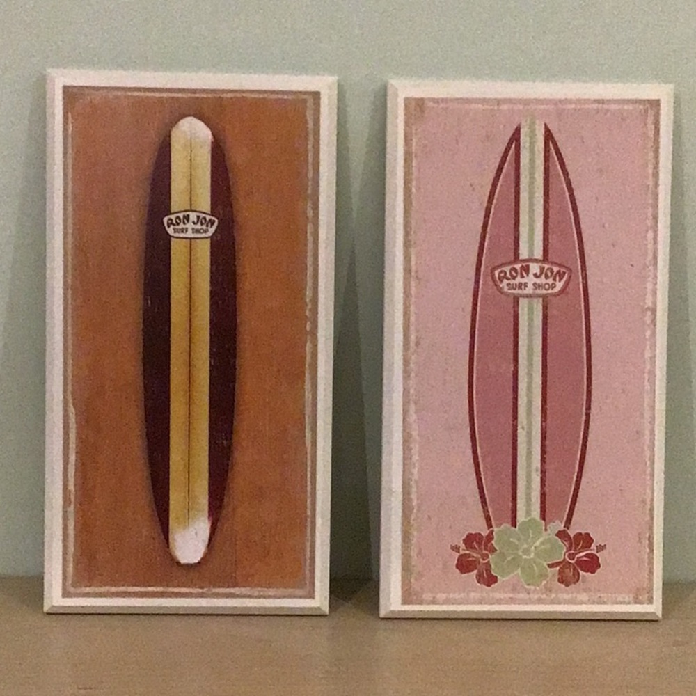 RON JON SURF BOARD WOODEN WALL HANGING PLAQUE PICTURE set of 2 6”x12”